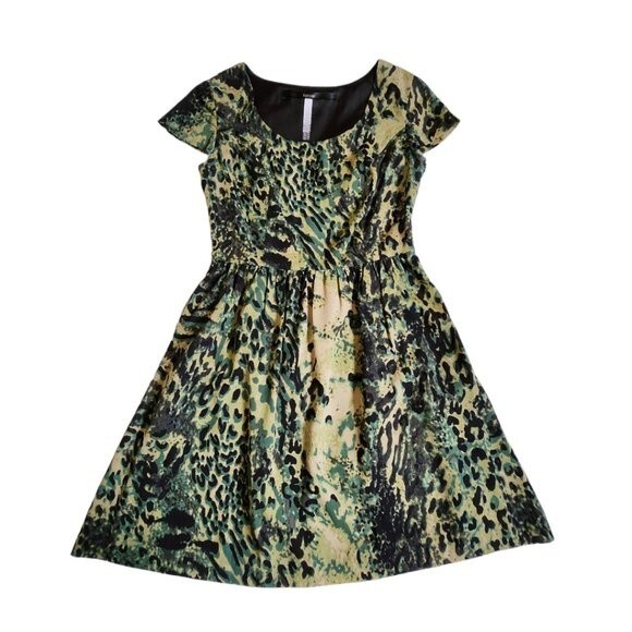 Kensie Green Black Animal Print Cap Sleeve Fit & Flare Mini Dress Sz S - Picture 1 of 12